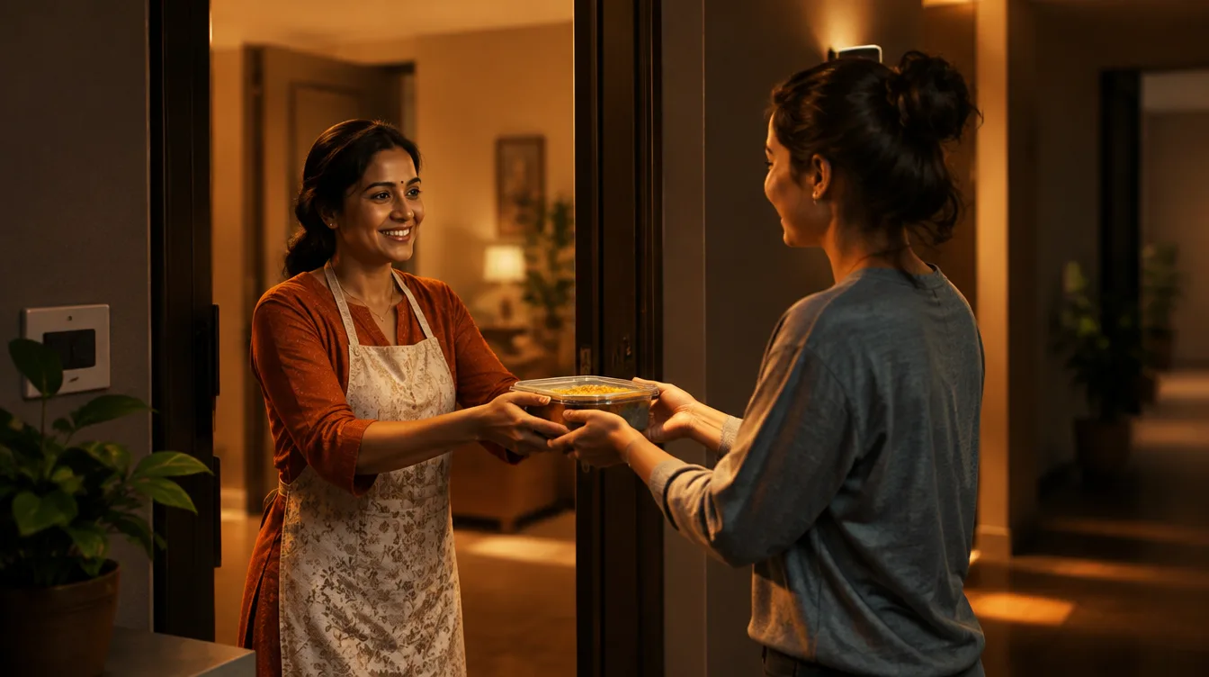 A neighbour receiving a home-food container at the door