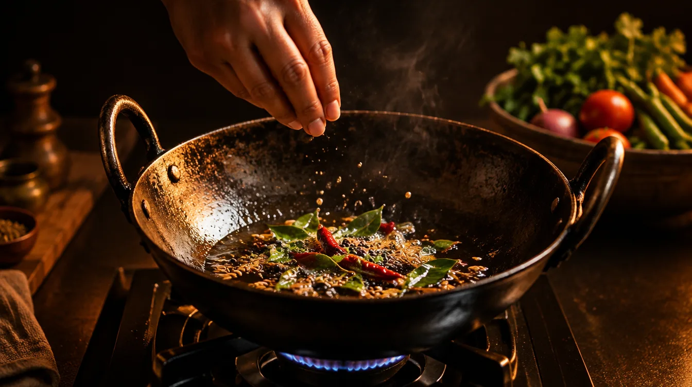 Fresh tempering of spices in a clean kitchen