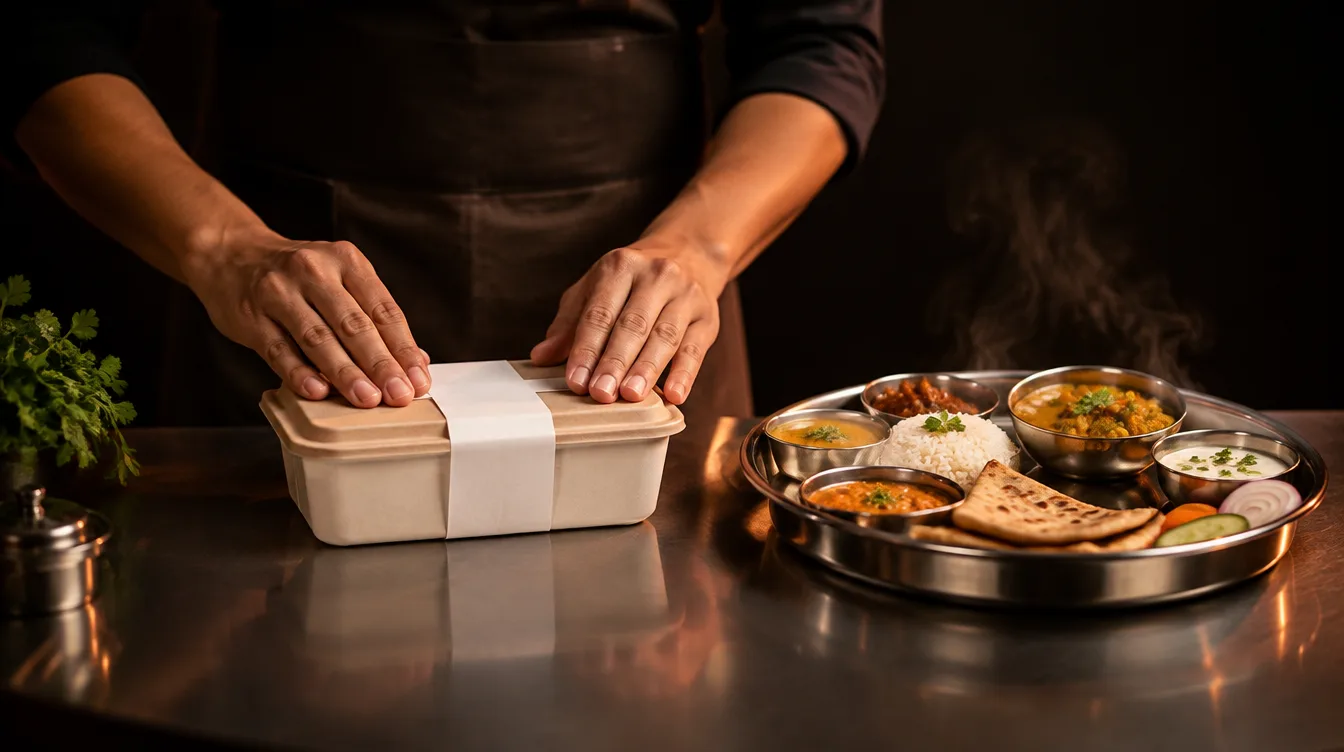 Sealed, labelled home-food container beside a fresh thali